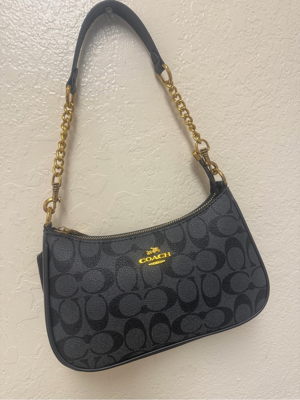Coach Black Signature Mini Shoulder Bag with Gold Chain